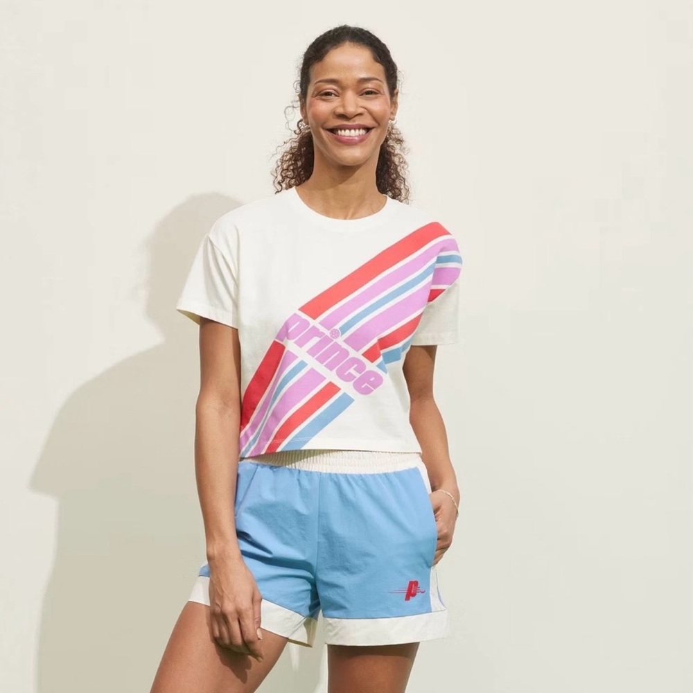 Prince Pickleball Cropped T-Shirt Women’s Small White Retro‎ Stripe Logo NEW